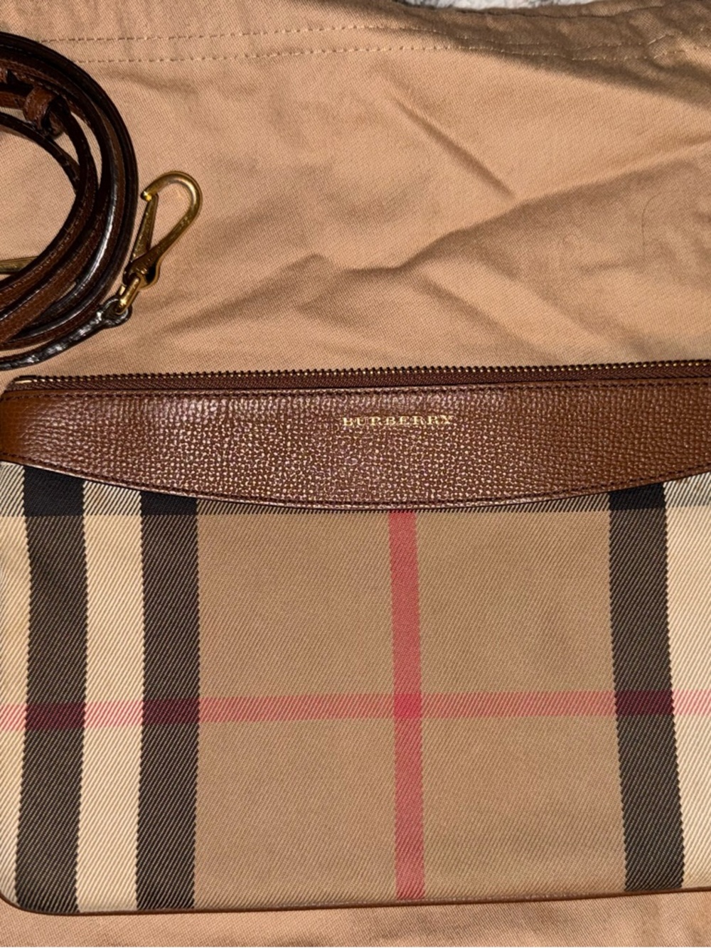 Burberry Tan and Brown Check Belt Bag with Red Accent